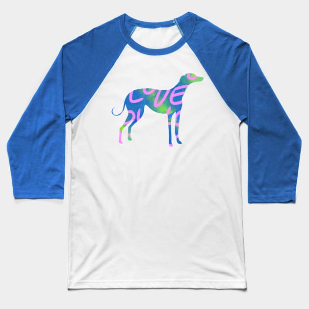 Blue and green with light pink love letters Greyhound dog Baseball T-Shirt by iulistration